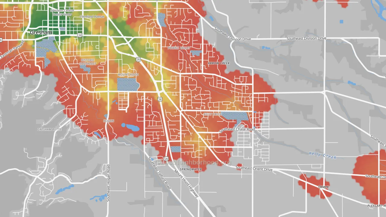 Walk Grade map of Gresham-Kelly Creek, Gresham, OR, walkable areas in green and car-dependent areas in red