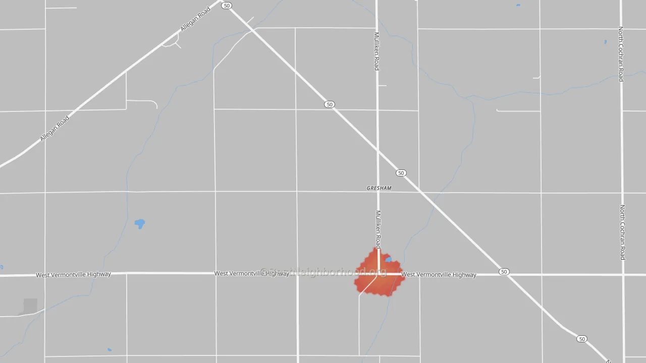 Walk Grade map of Gresham, MI, walkable areas in green and car-dependent areas in red