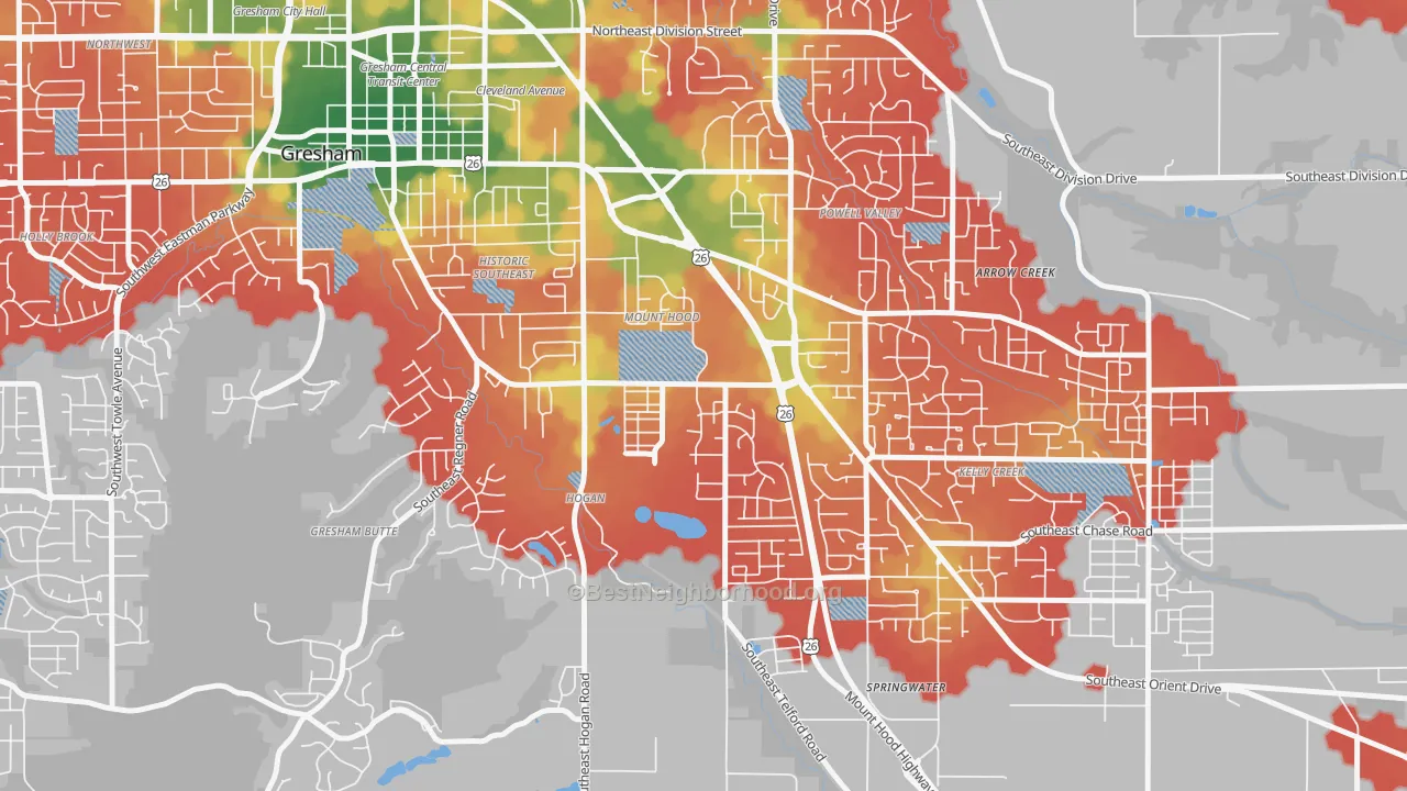 Walk Grade map of Gresham-Mt. Hood, Gresham, OR, walkable areas in green and car-dependent areas in red