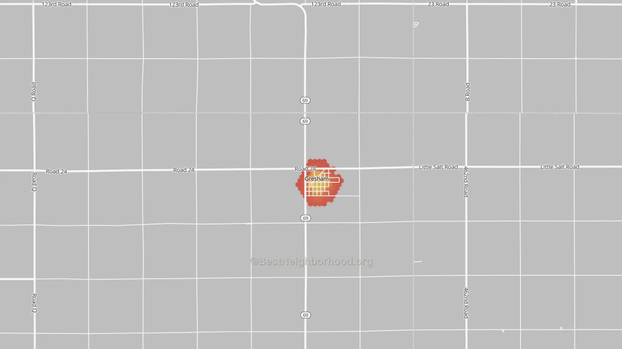 Walk Grade map of Gresham, NE, walkable areas in green and car-dependent areas in red
