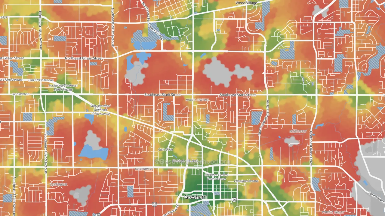 Walk Grade map of Gresham-North Central, Gresham, OR, walkable areas in green and car-dependent areas in red