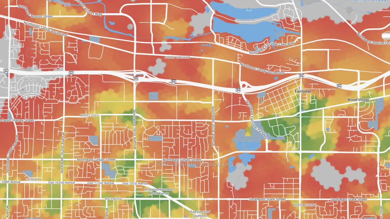 Walk Grade map of Gresham-North Gresham, Gresham, OR, walkable areas in green and car-dependent areas in red
