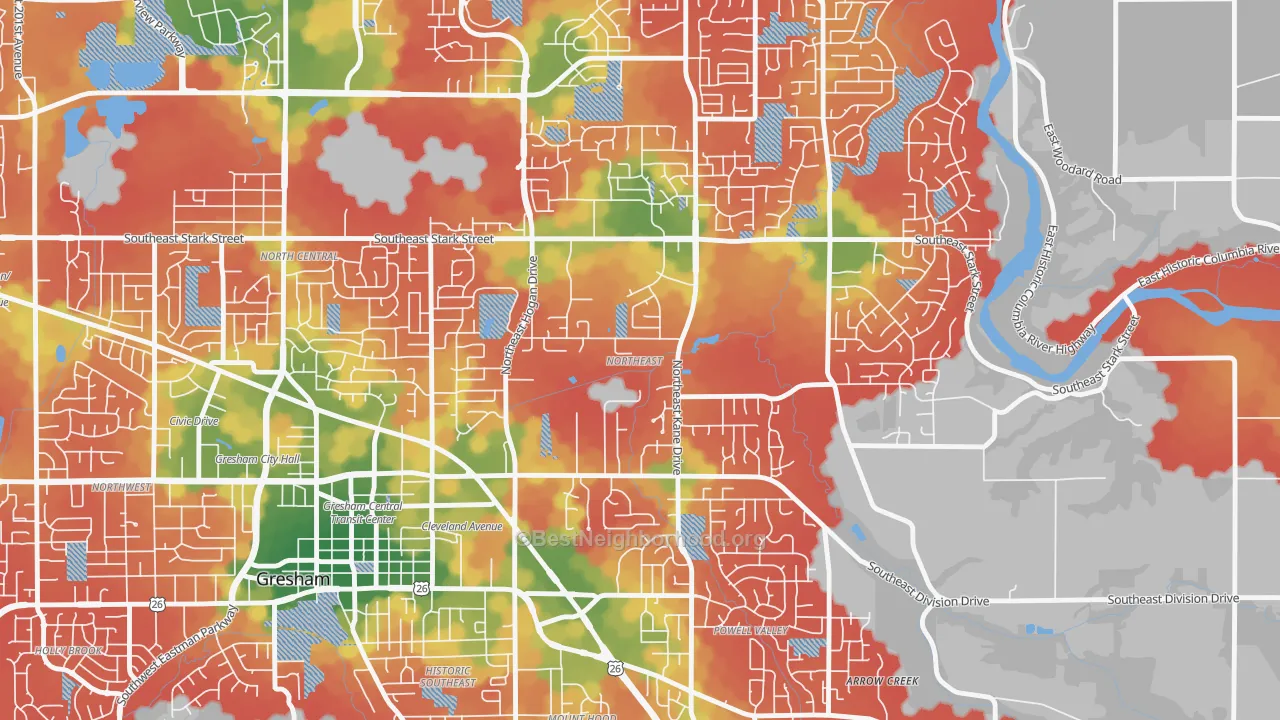 Walk Grade map of Gresham-Northeast, Gresham, OR, walkable areas in green and car-dependent areas in red