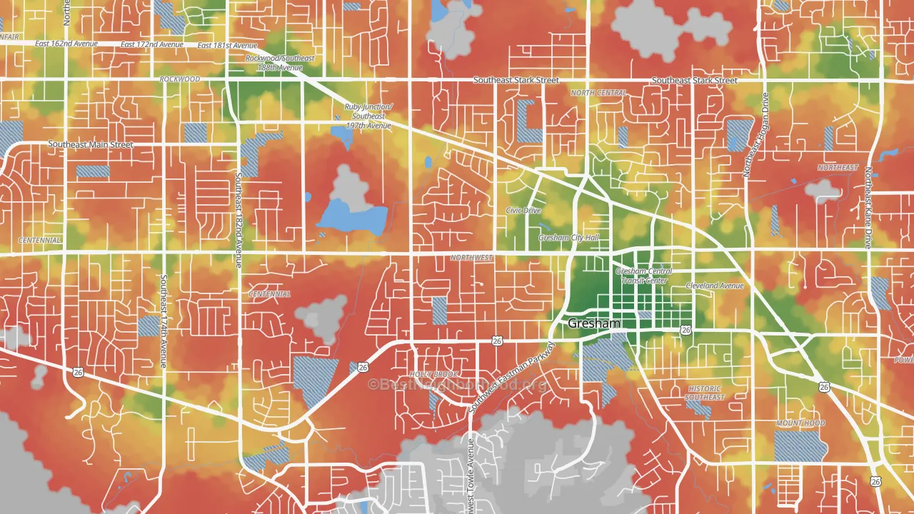 Walk Grade map of Gresham-Northwest, Gresham, OR, walkable areas in green and car-dependent areas in red