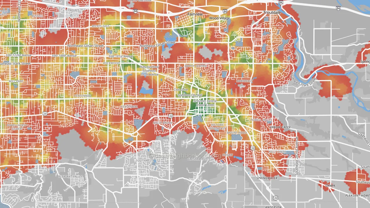 Walk Grade map of Gresham, OR, walkable areas in green and car-dependent areas in red