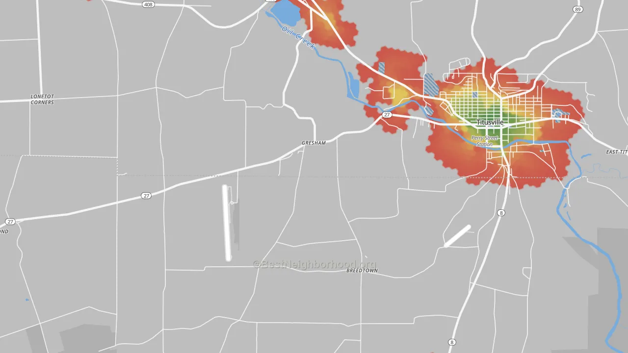 Walk Grade map of Gresham, PA, walkable areas in green and car-dependent areas in red