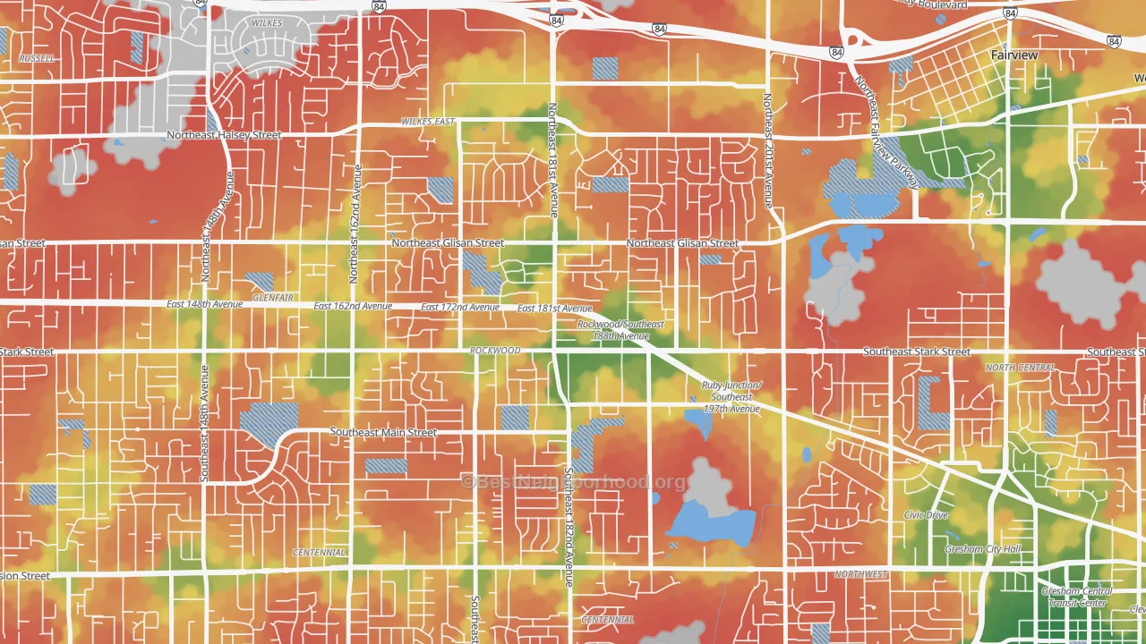Walk Grade map of Gresham-Rockwood, Gresham, OR, walkable areas in green and car-dependent areas in red