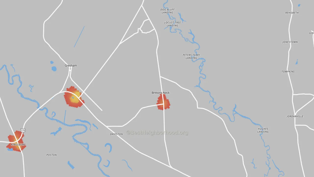 Walk Grade map of Gresham, SC, walkable areas in green and car-dependent areas in red