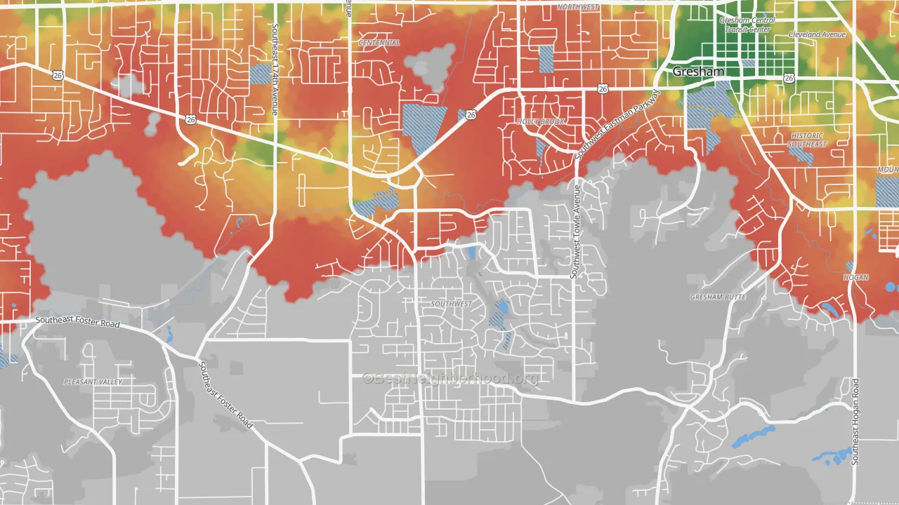 Walk Grade map of Gresham-Southwest, Gresham, OR, walkable areas in green and car-dependent areas in red