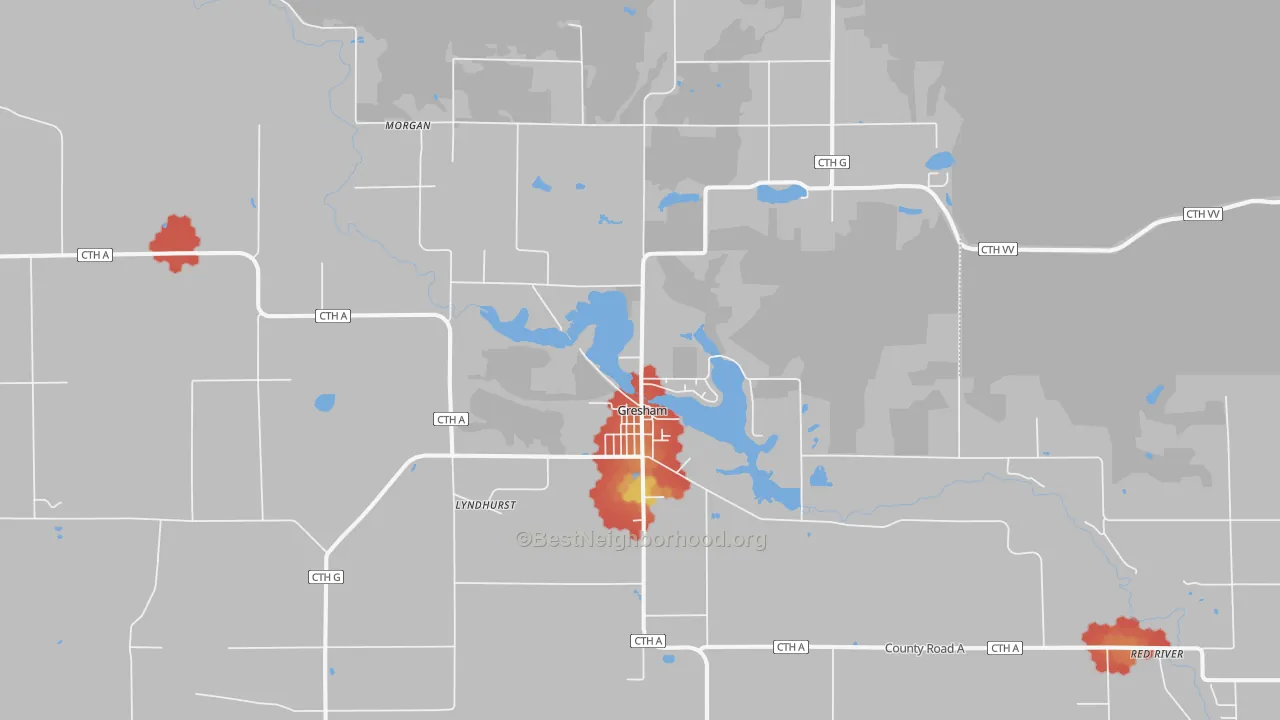 Walk Grade map of Gresham, WI, walkable areas in green and car-dependent areas in red