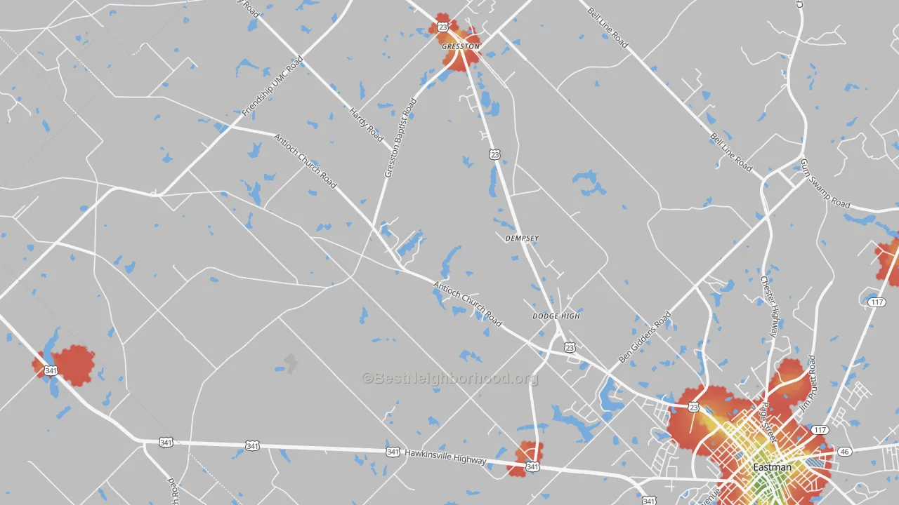 Walk Grade map of Gresston, GA, walkable areas in green and car-dependent areas in red