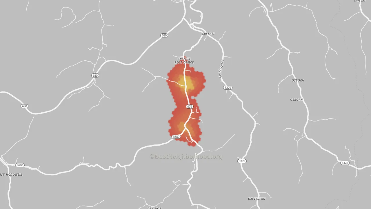 Walk Grade map of Grethel, KY, walkable areas in green and car-dependent areas in red