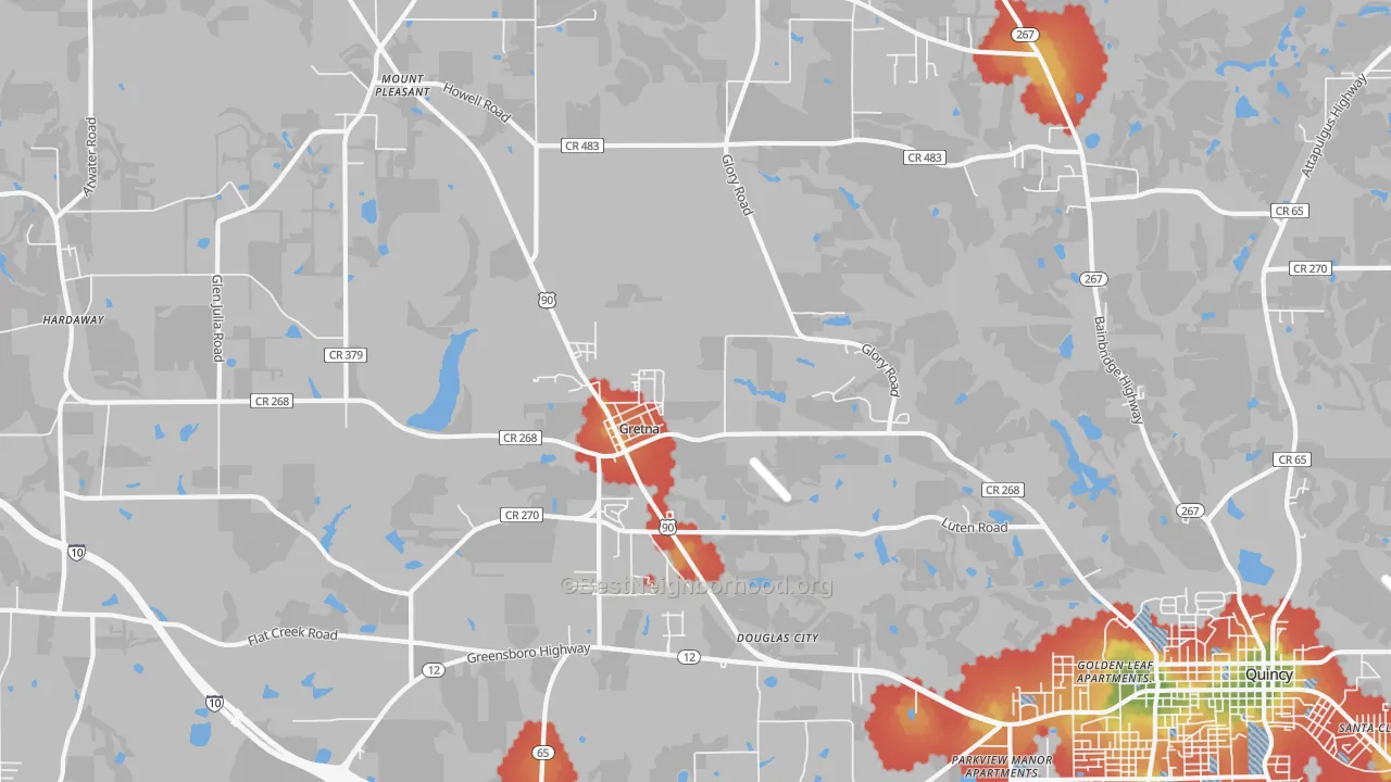 Walk Grade map of Gretna, FL, walkable areas in green and car-dependent areas in red