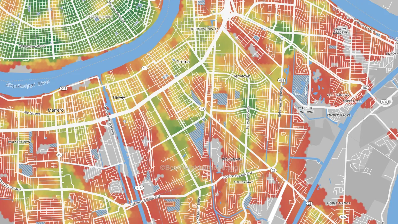 Walk Grade map of Gretna, LA, walkable areas in green and car-dependent areas in red