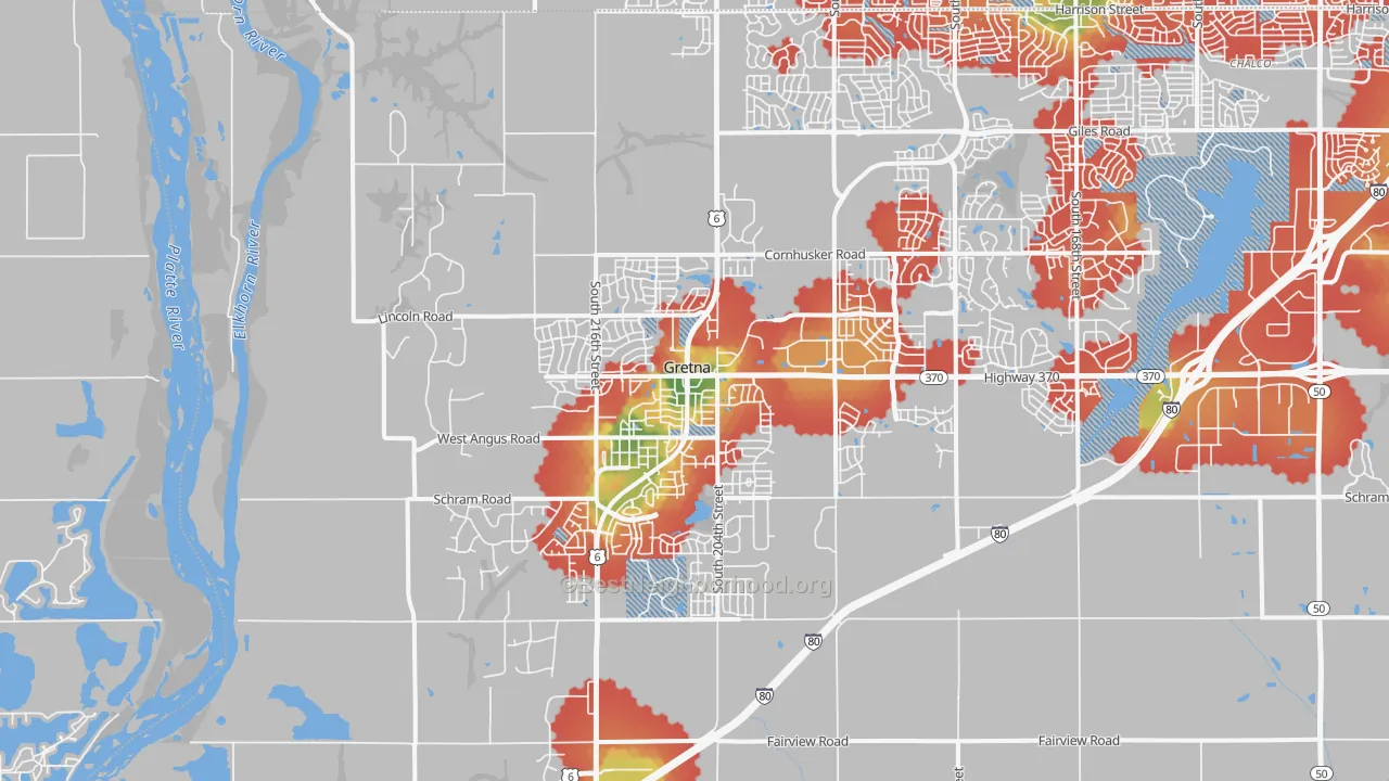 Walk Grade map of Gretna, NE, walkable areas in green and car-dependent areas in red