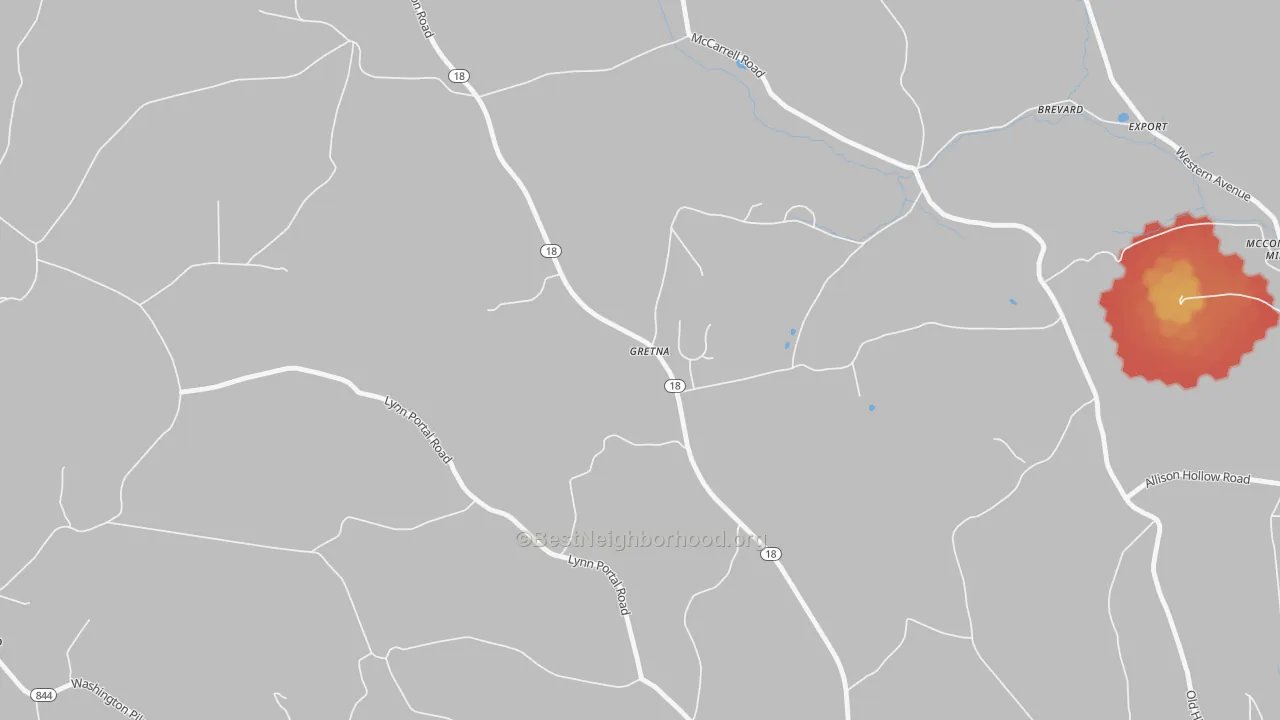 Walk Grade map of Gretna, PA, walkable areas in green and car-dependent areas in red