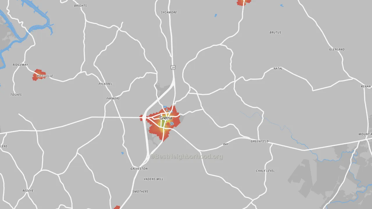 Walk Grade map of Gretna, VA, walkable areas in green and car-dependent areas in red