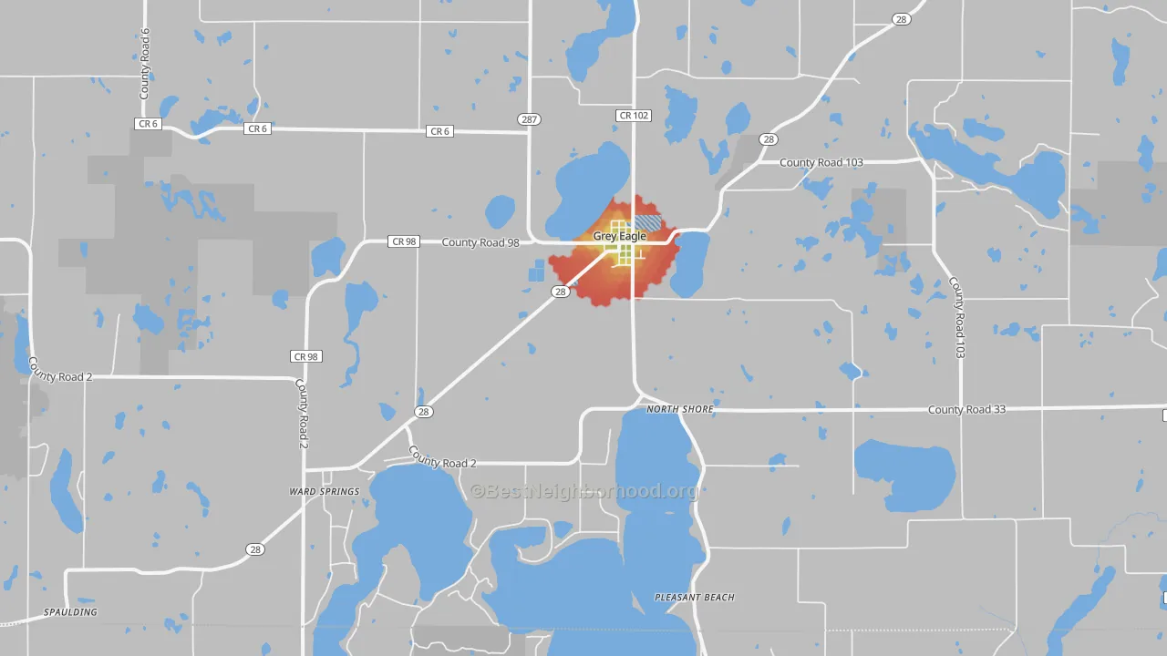 Walk Grade map of Grey Eagle, MN, walkable areas in green and car-dependent areas in red