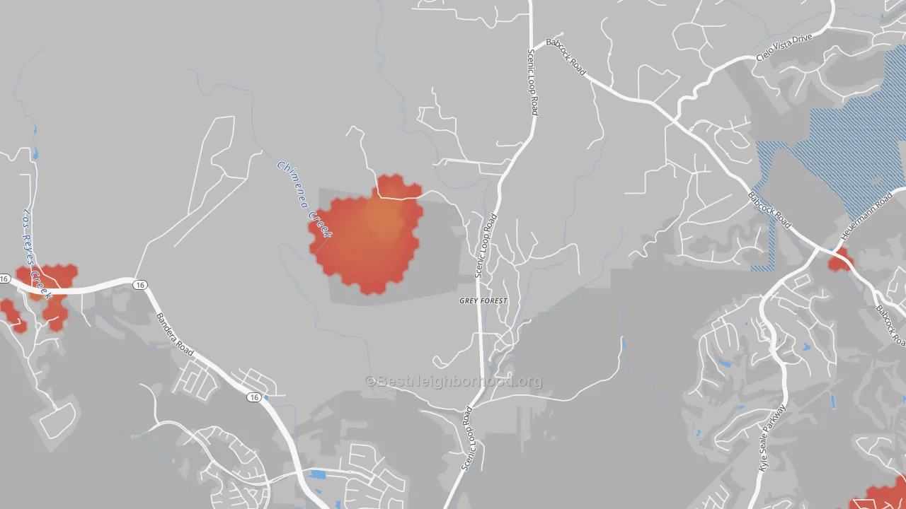 Walk Grade map of Grey Forest, TX, walkable areas in green and car-dependent areas in red