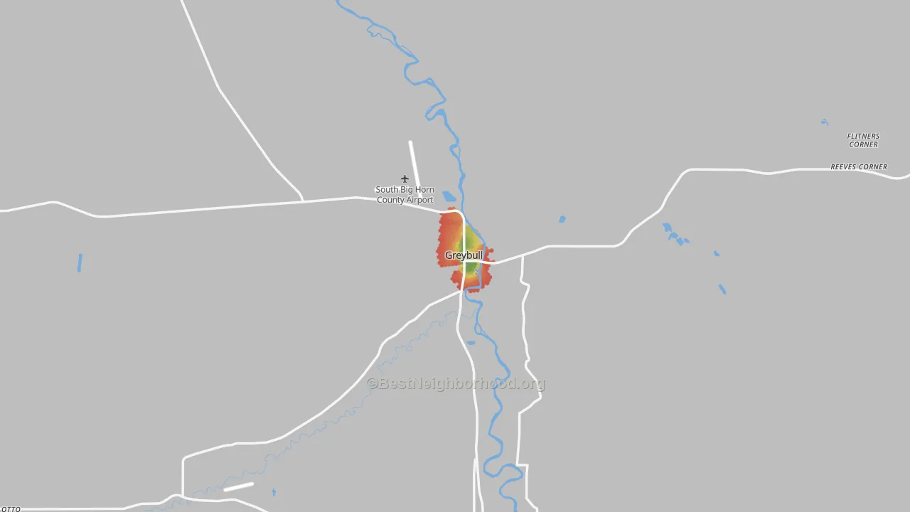 Walk Grade map of Greybull, WY, walkable areas in green and car-dependent areas in red