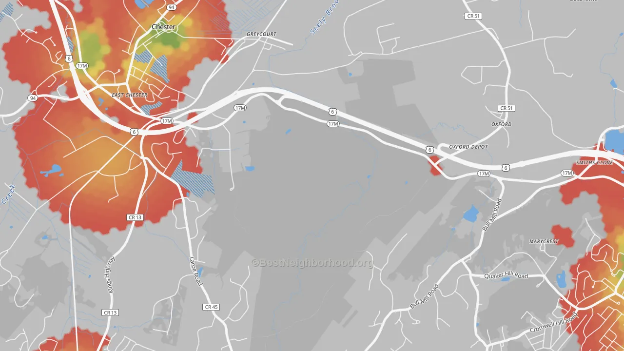 Walk Grade map of Greycourt, NY, walkable areas in green and car-dependent areas in red
