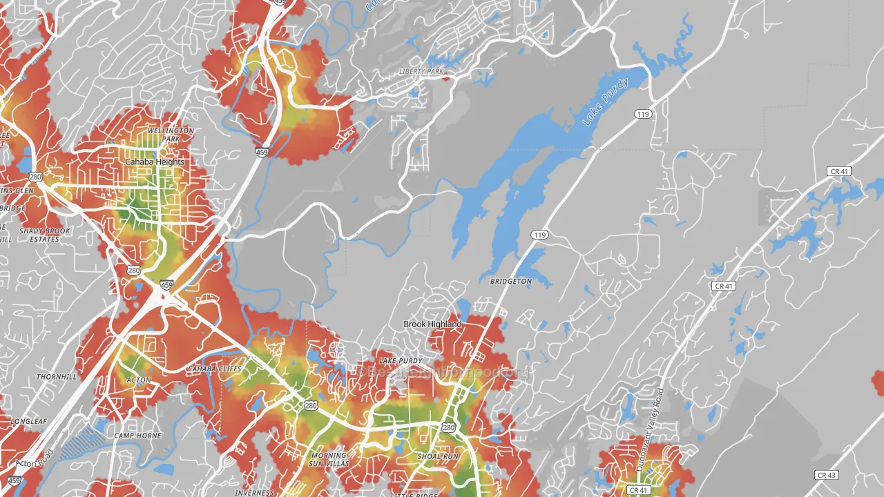Walk Grade map of Greystone, Birmingham, AL, walkable areas in green and car-dependent areas in red
