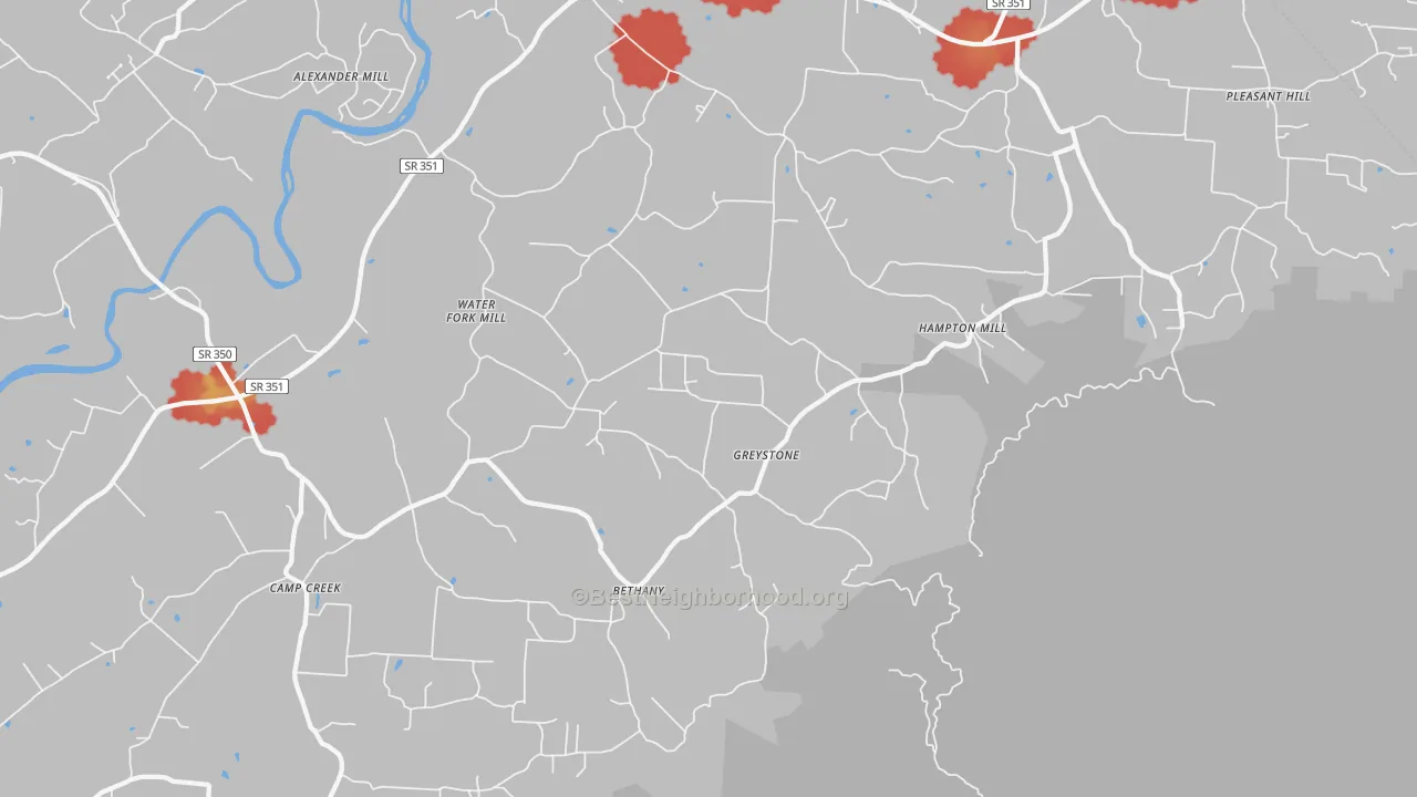Walk Grade map of Greystone, TN, walkable areas in green and car-dependent areas in red