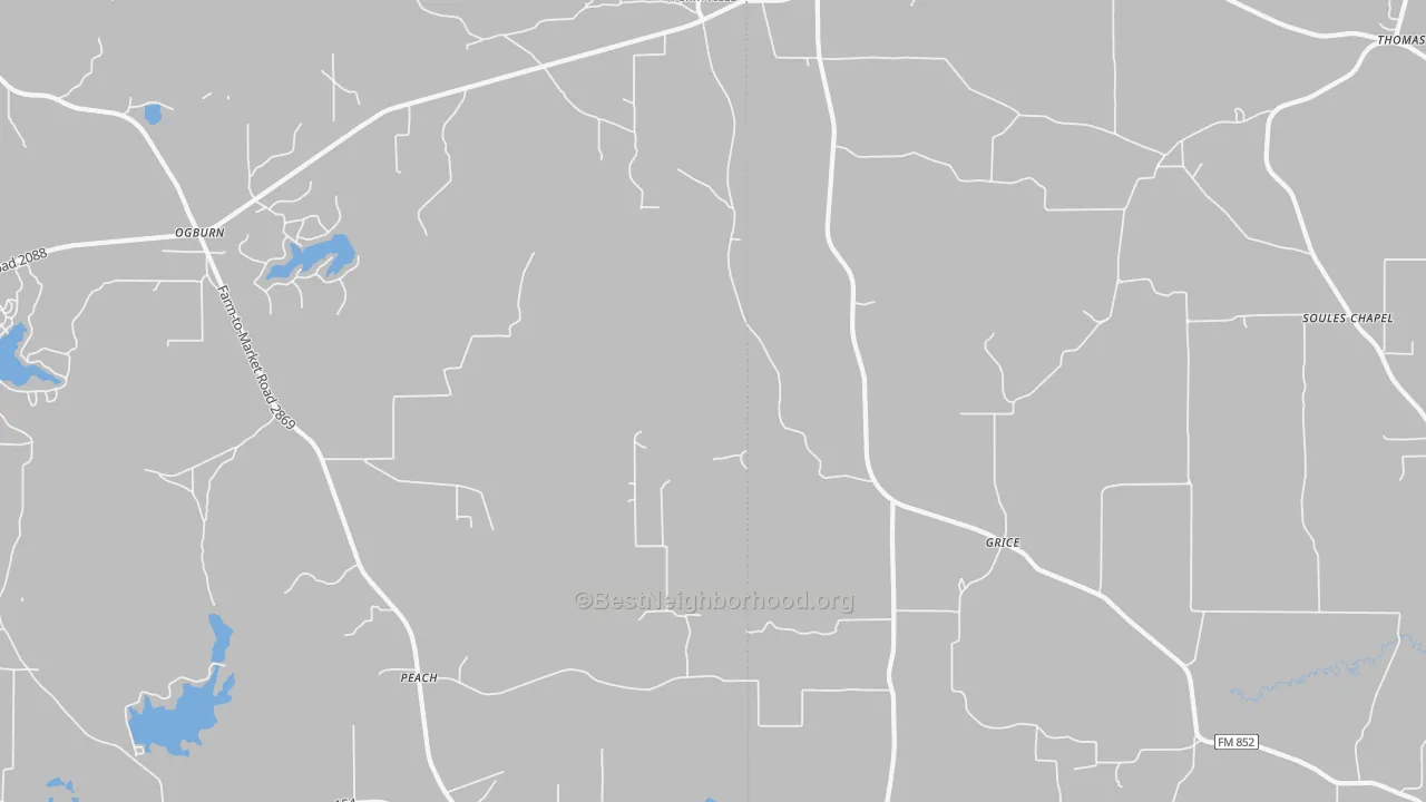 Walk Grade map of Grice, TX, walkable areas in green and car-dependent areas in red