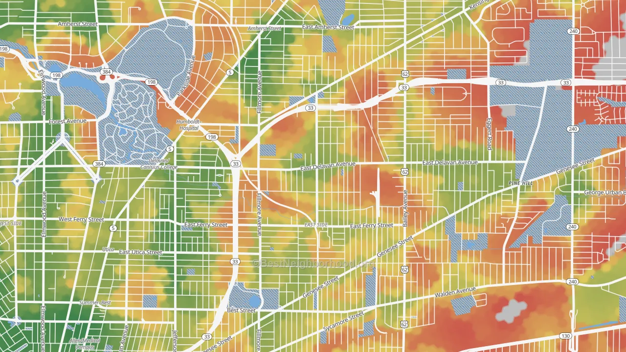 Walk Grade map of Grider, Buffalo, NY, walkable areas in green and car-dependent areas in red