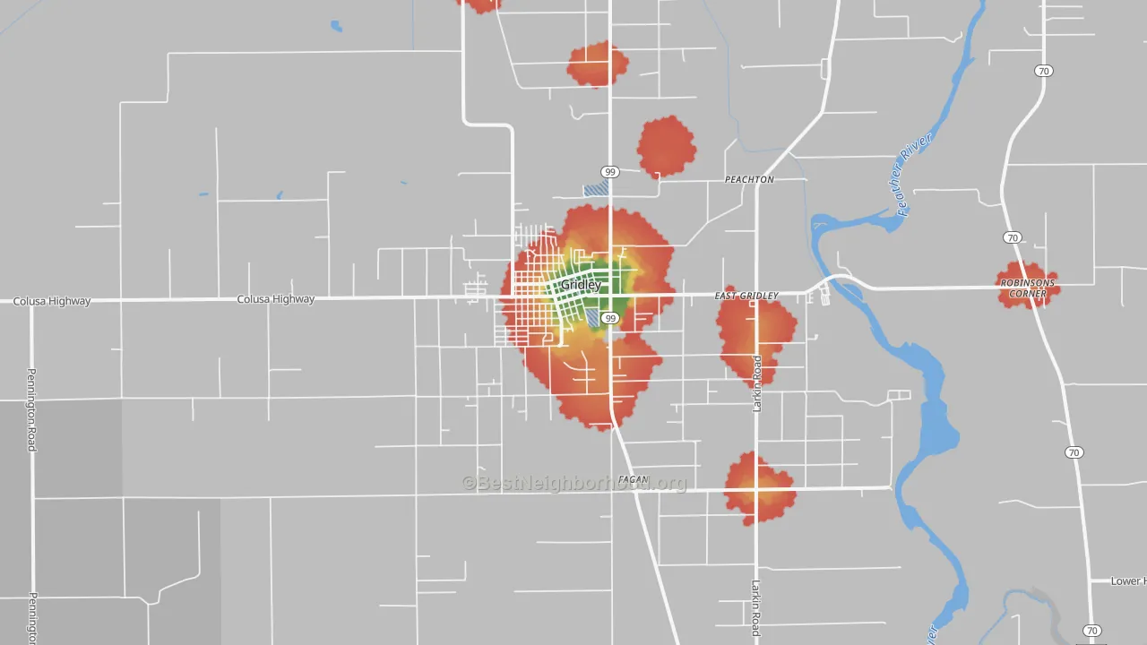 Walk Grade map of Gridley, CA, walkable areas in green and car-dependent areas in red