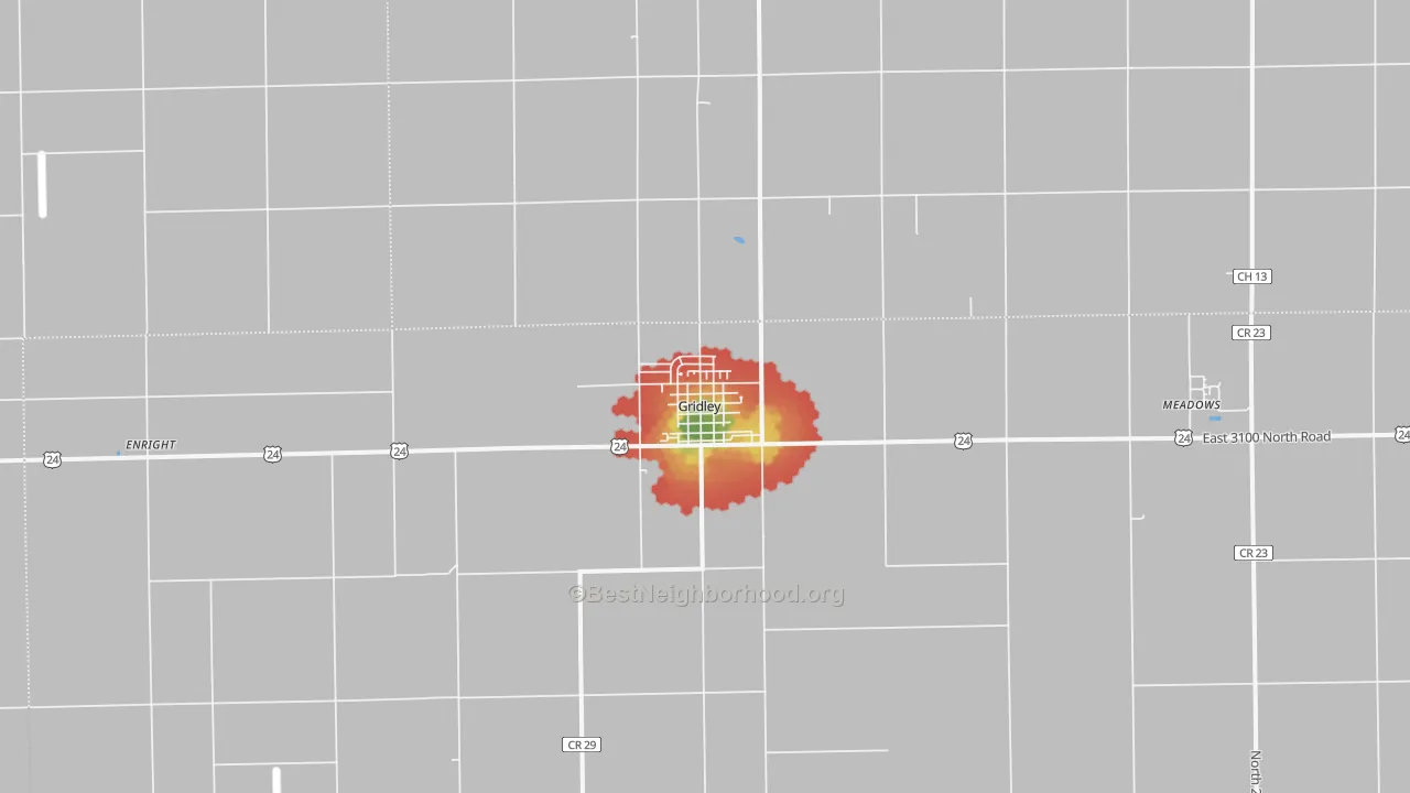 Walk Grade map of Gridley, IL, walkable areas in green and car-dependent areas in red