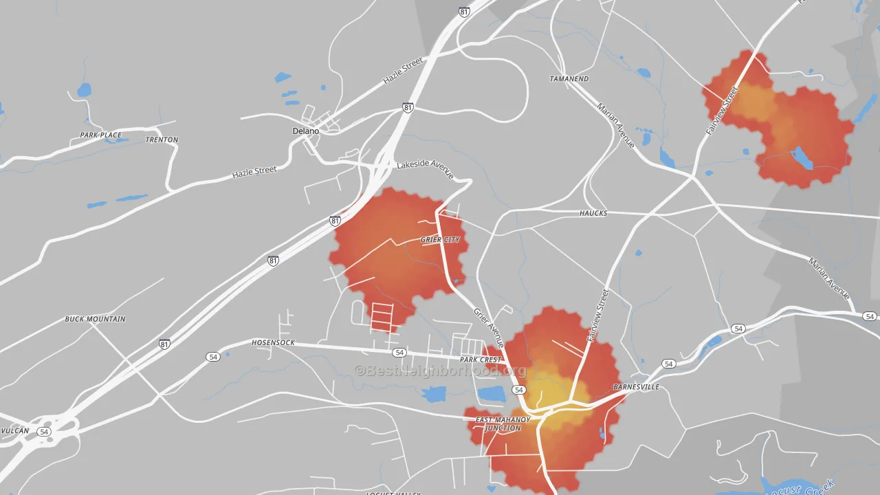 Walk Grade map of Grier City, PA, walkable areas in green and car-dependent areas in red