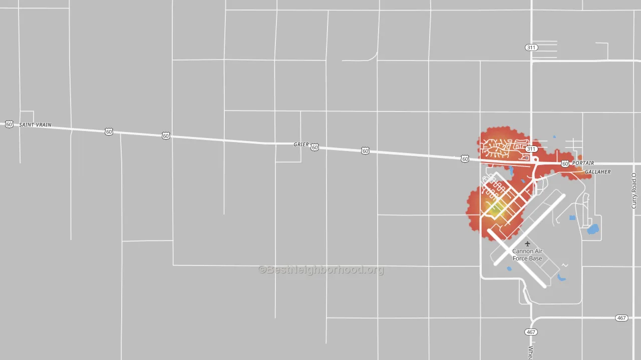 Walk Grade map of Grier, NM, walkable areas in green and car-dependent areas in red
