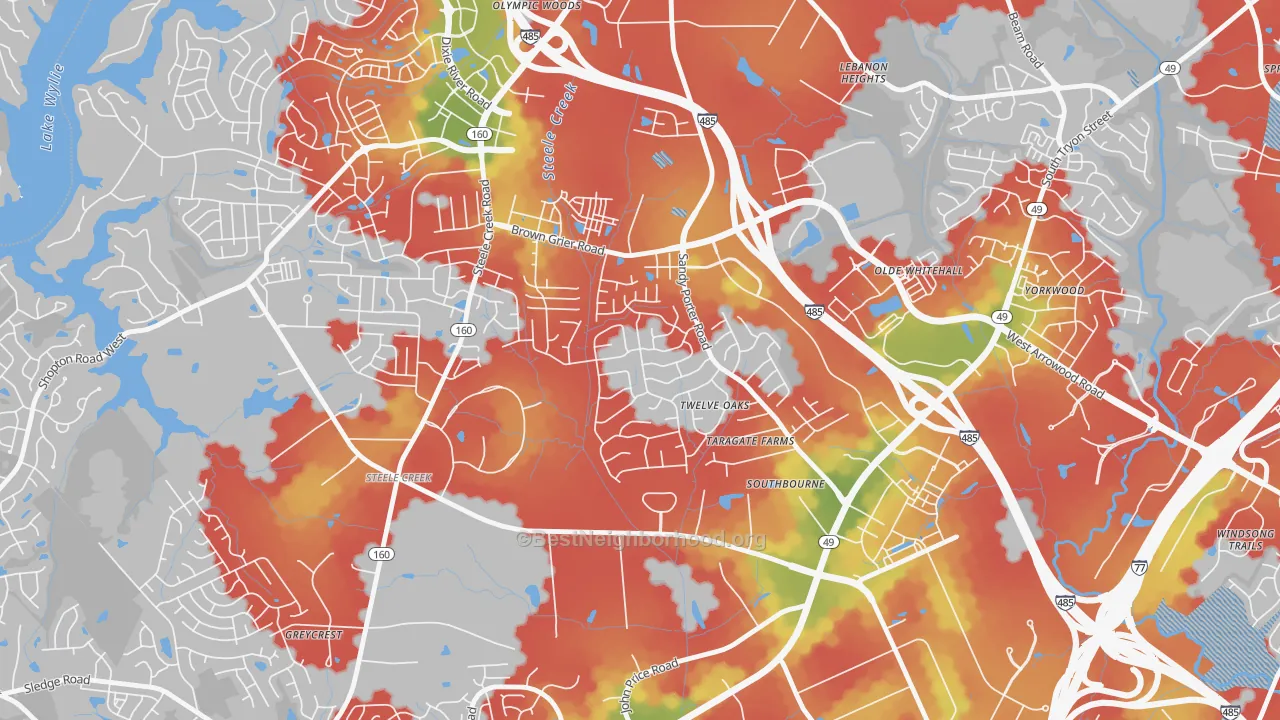 Walk Grade map of Griers Fork, Charlotte, NC, walkable areas in green and car-dependent areas in red