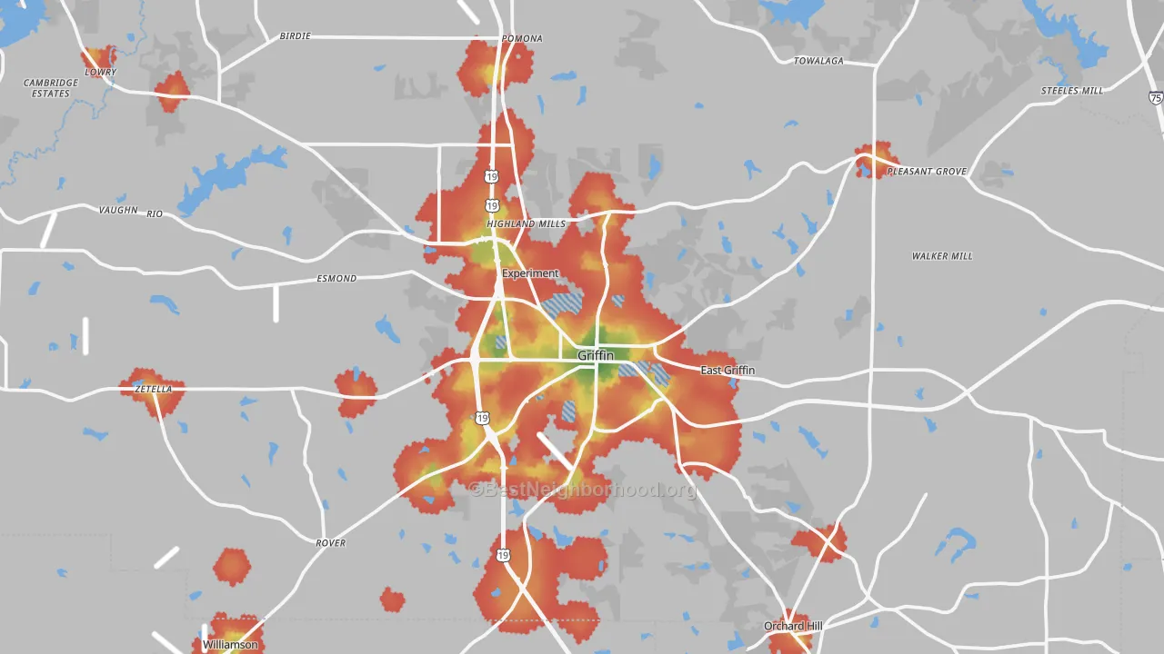 Walk Grade map of Griffin, GA, walkable areas in green and car-dependent areas in red