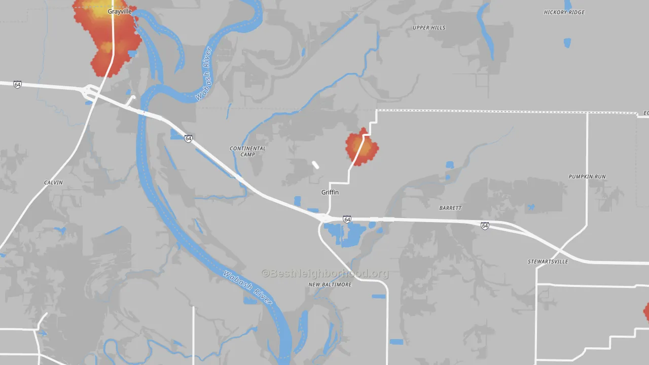 Walk Grade map of Griffin, IN, walkable areas in green and car-dependent areas in red