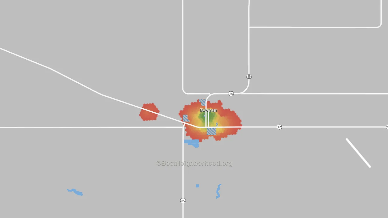 Walk Grade map of Griffin, ND, walkable areas in green and car-dependent areas in red