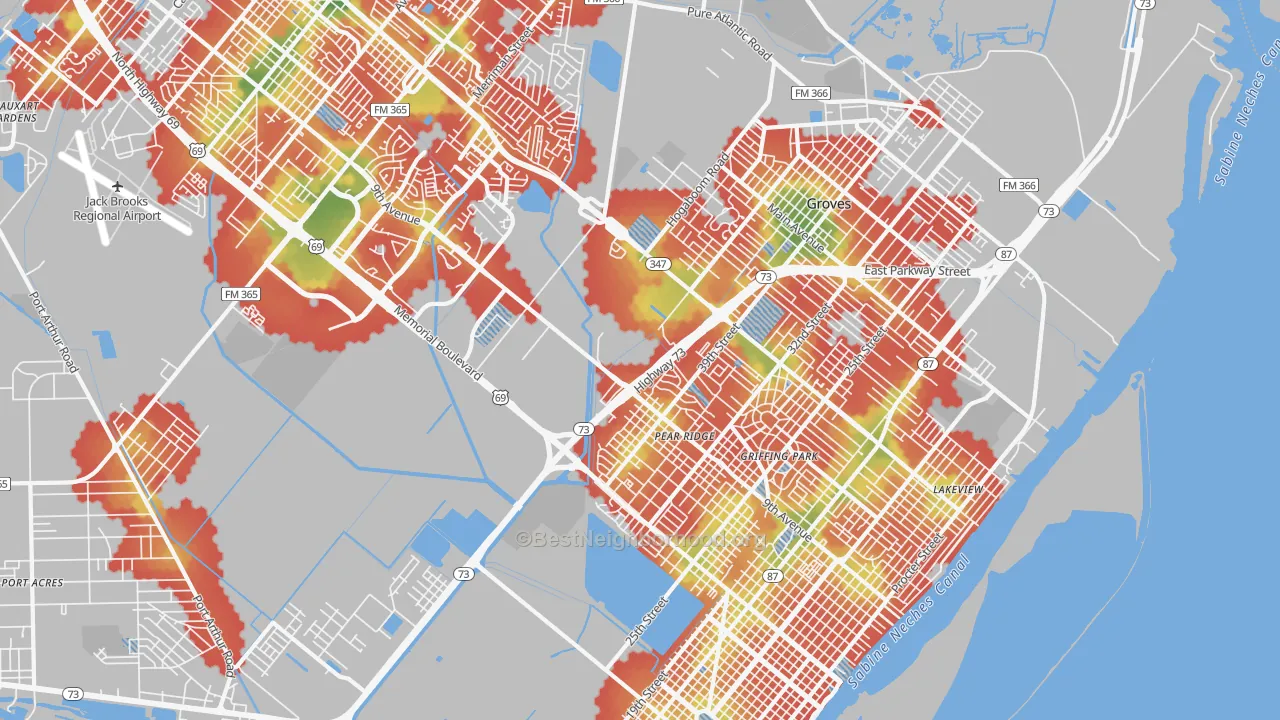 Walk Grade map of Griffing Park, TX, walkable areas in green and car-dependent areas in red
