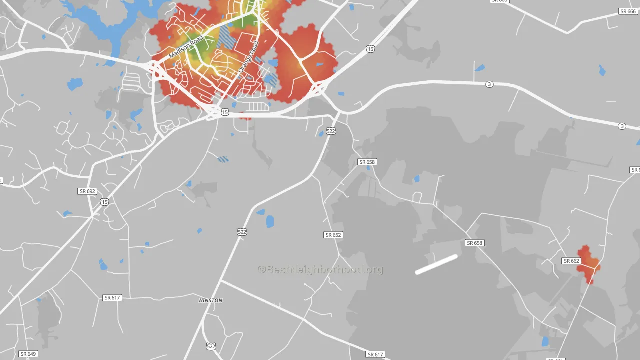 Walk Grade map of Griffinsburg, VA, walkable areas in green and car-dependent areas in red