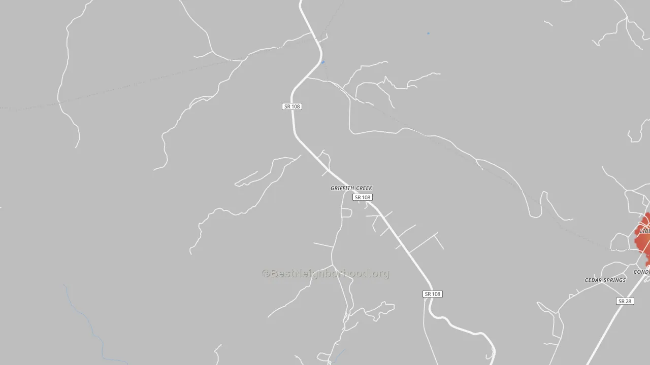 Walk Grade map of Griffith Creek, TN, walkable areas in green and car-dependent areas in red