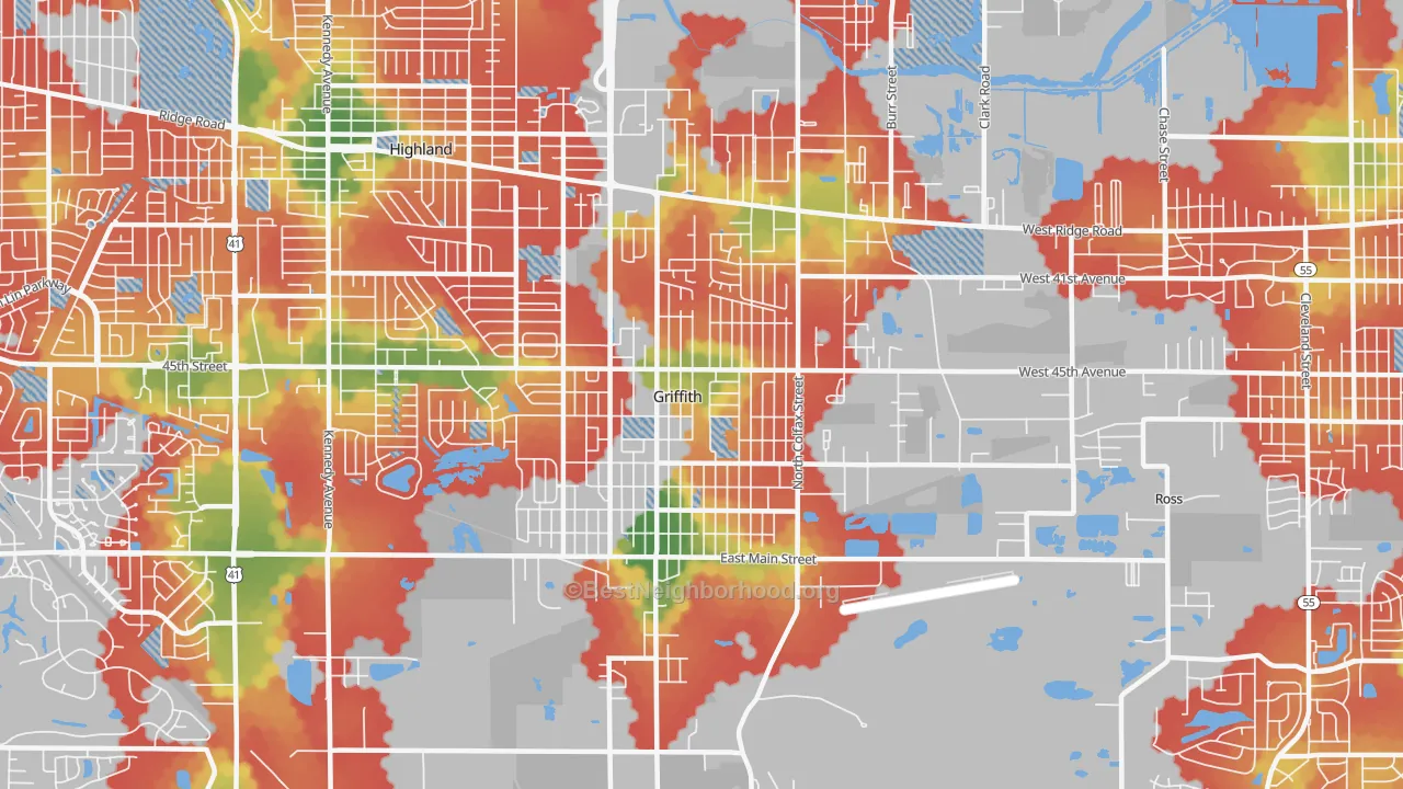 Walk Grade map of Griffith, IN, walkable areas in green and car-dependent areas in red