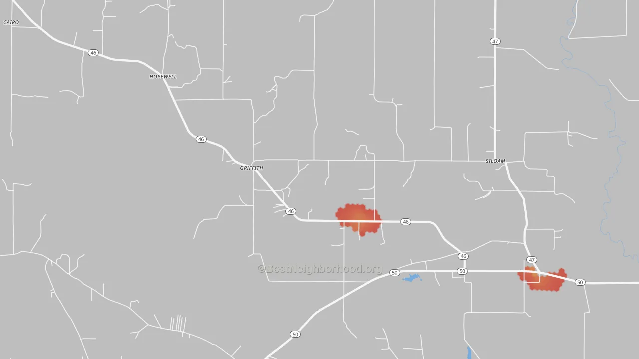 Walk Grade map of Griffith, MS, walkable areas in green and car-dependent areas in red