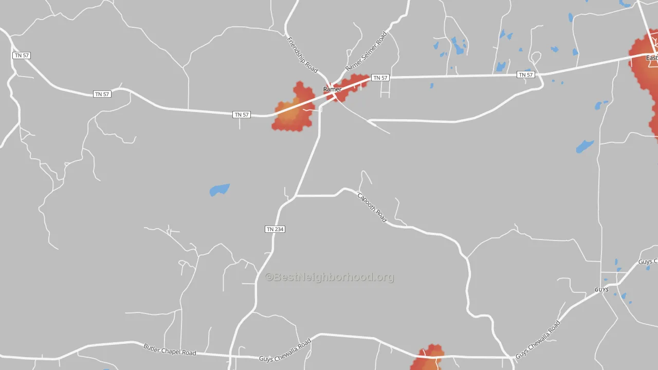 Walk Grade map of Griffith, TN, walkable areas in green and car-dependent areas in red