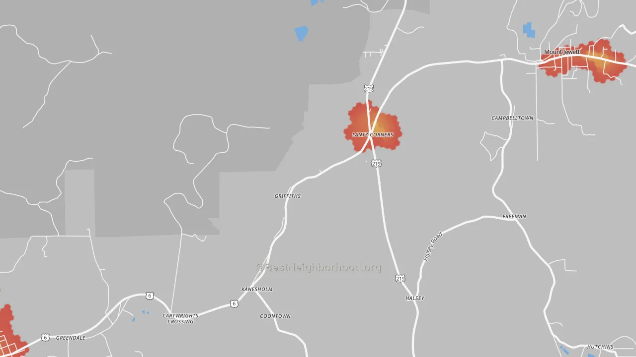 Walk Grade map of Griffiths, PA, walkable areas in green and car-dependent areas in red