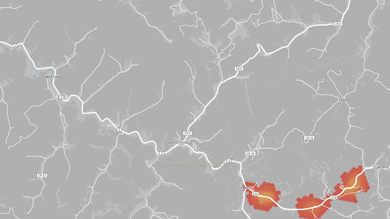 Walk Grade map of Griffithsville, WV, walkable areas in green and car-dependent areas in red