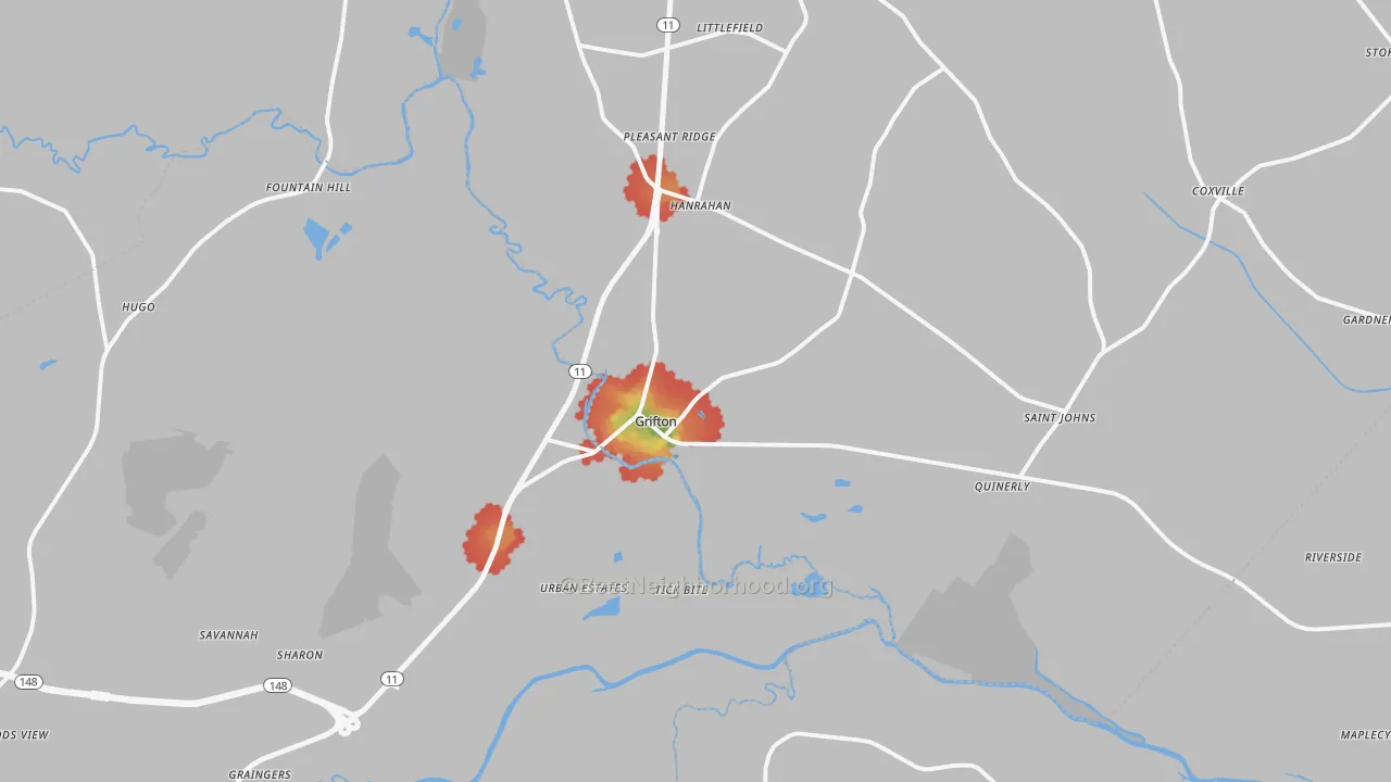 Walk Grade map of Grifton, NC, walkable areas in green and car-dependent areas in red