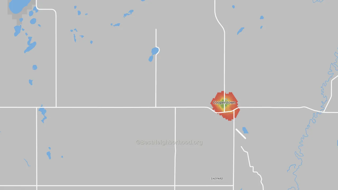 Walk Grade map of Griggs County, ND, walkable areas in green and car-dependent areas in red