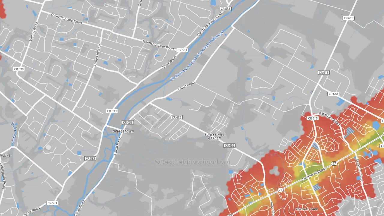 Walk Grade map of Griggstown, NJ, walkable areas in green and car-dependent areas in red