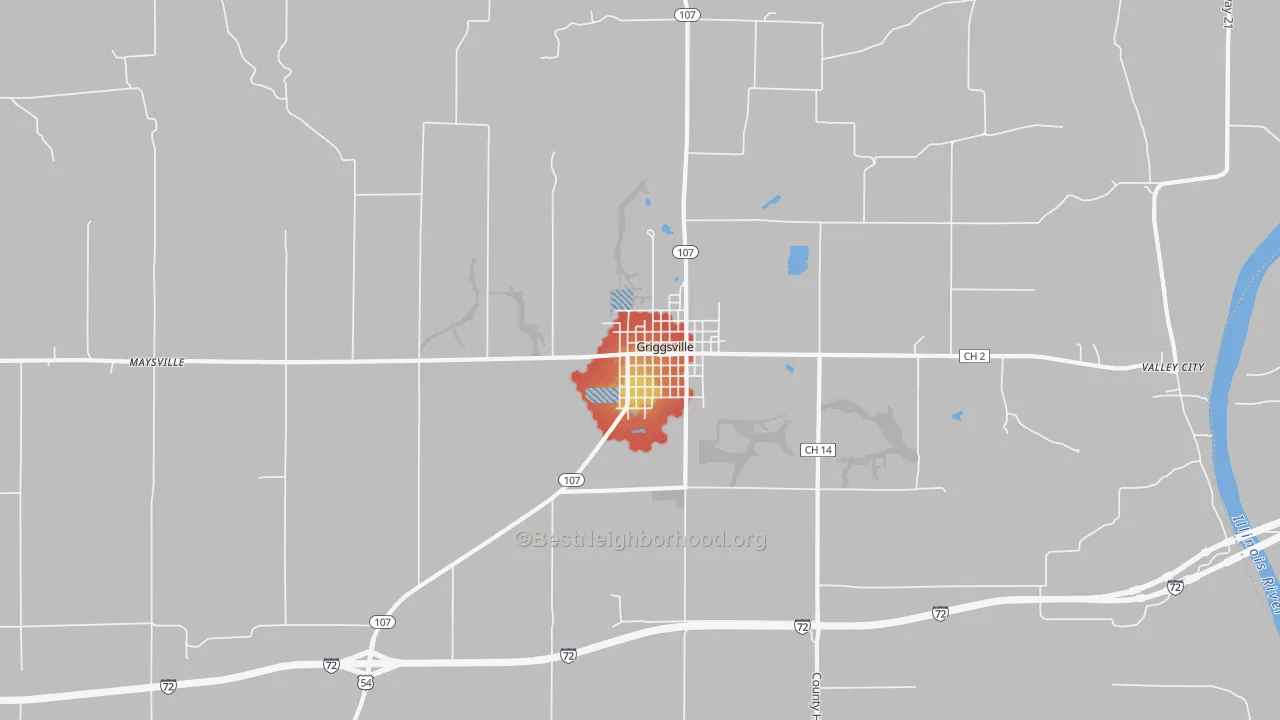 Walk Grade map of Griggsville, IL, walkable areas in green and car-dependent areas in red