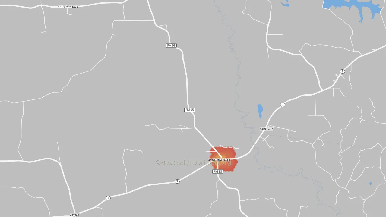 Walk Grade map of Grigsby, TX, walkable areas in green and car-dependent areas in red